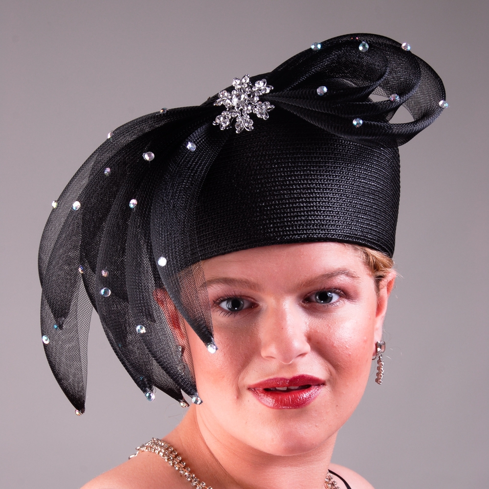 Beloved Millinery Elegant Couture Black Jeweled Hat Tea Brunch Church Funeral - Picture 2 of 5